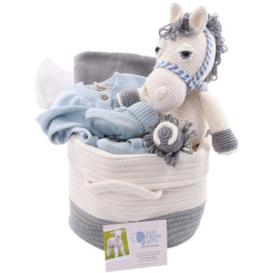 Our Green House Organic Baby Gift Basket with Hand Knit Pony, Luxury Baby Clothes and Blanket