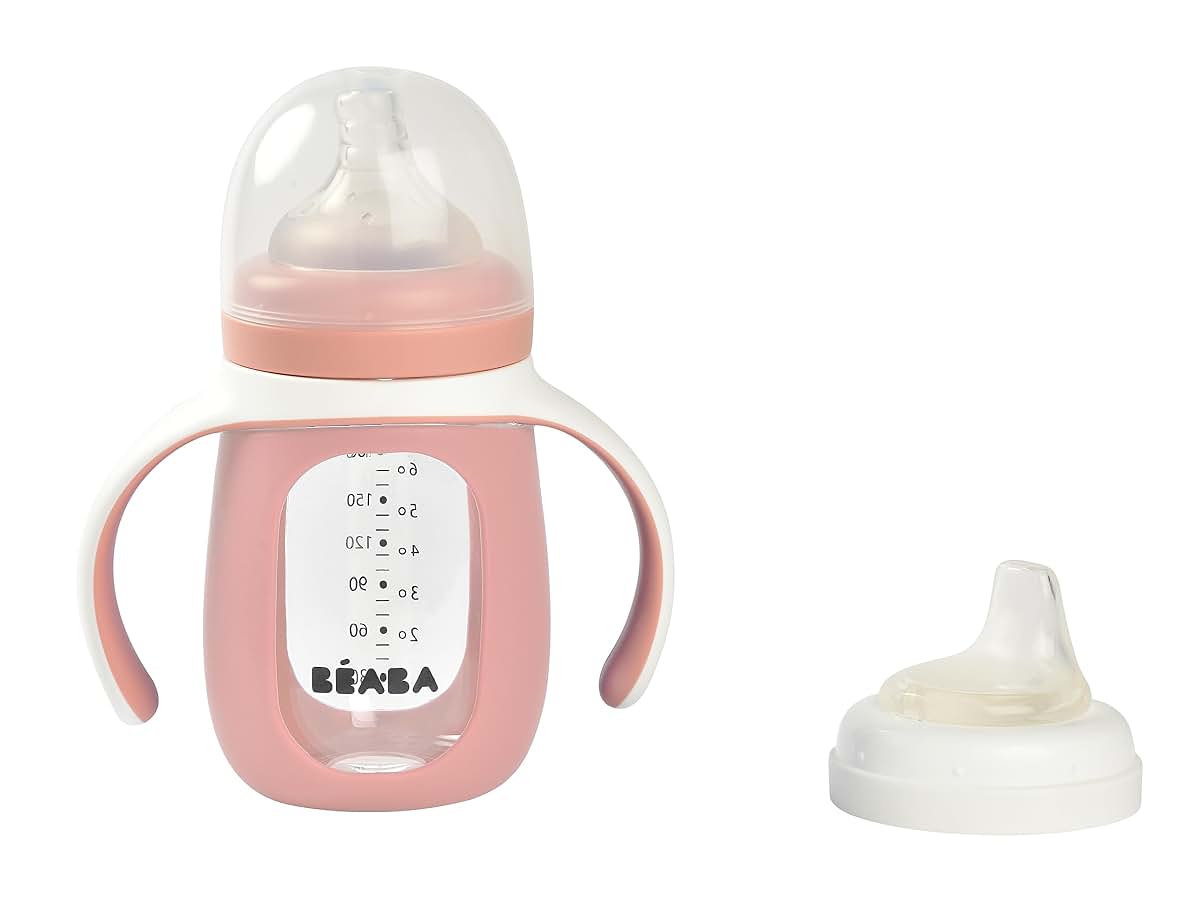 Béaba 2-in-1 Glass Baby Bottle and Transition Sippy Cup in Rose (photo 4)