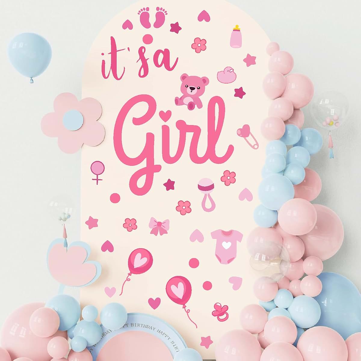 BabyOneStop Pink Girl Gender Reveal Party Backdrop Wall Decals