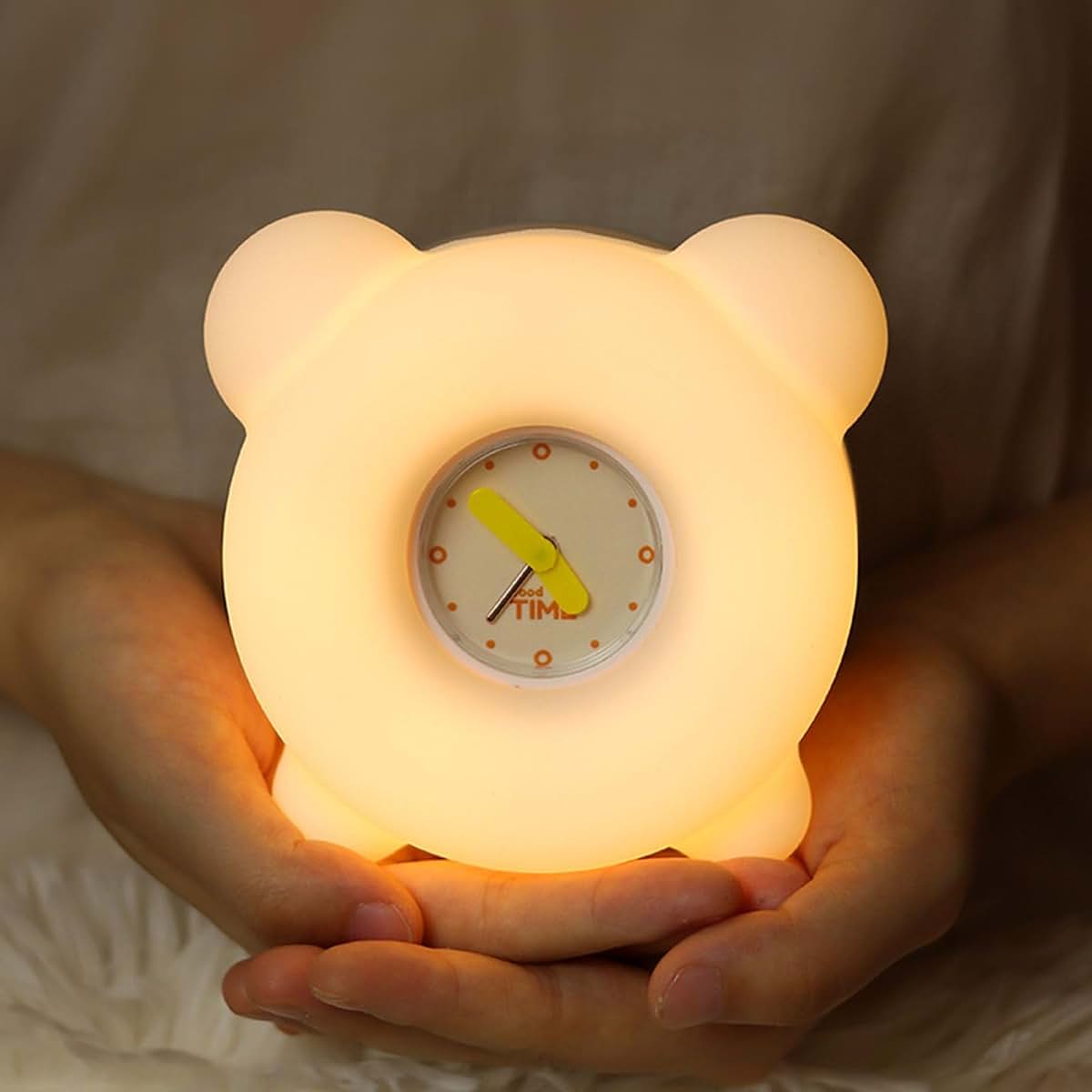 AVEKI Kids Night Light with Clock, Silicone Bear Lamp, 30-Min Timer, 3-Level Dimmable, Rechargeable Bedside Touch Lamp