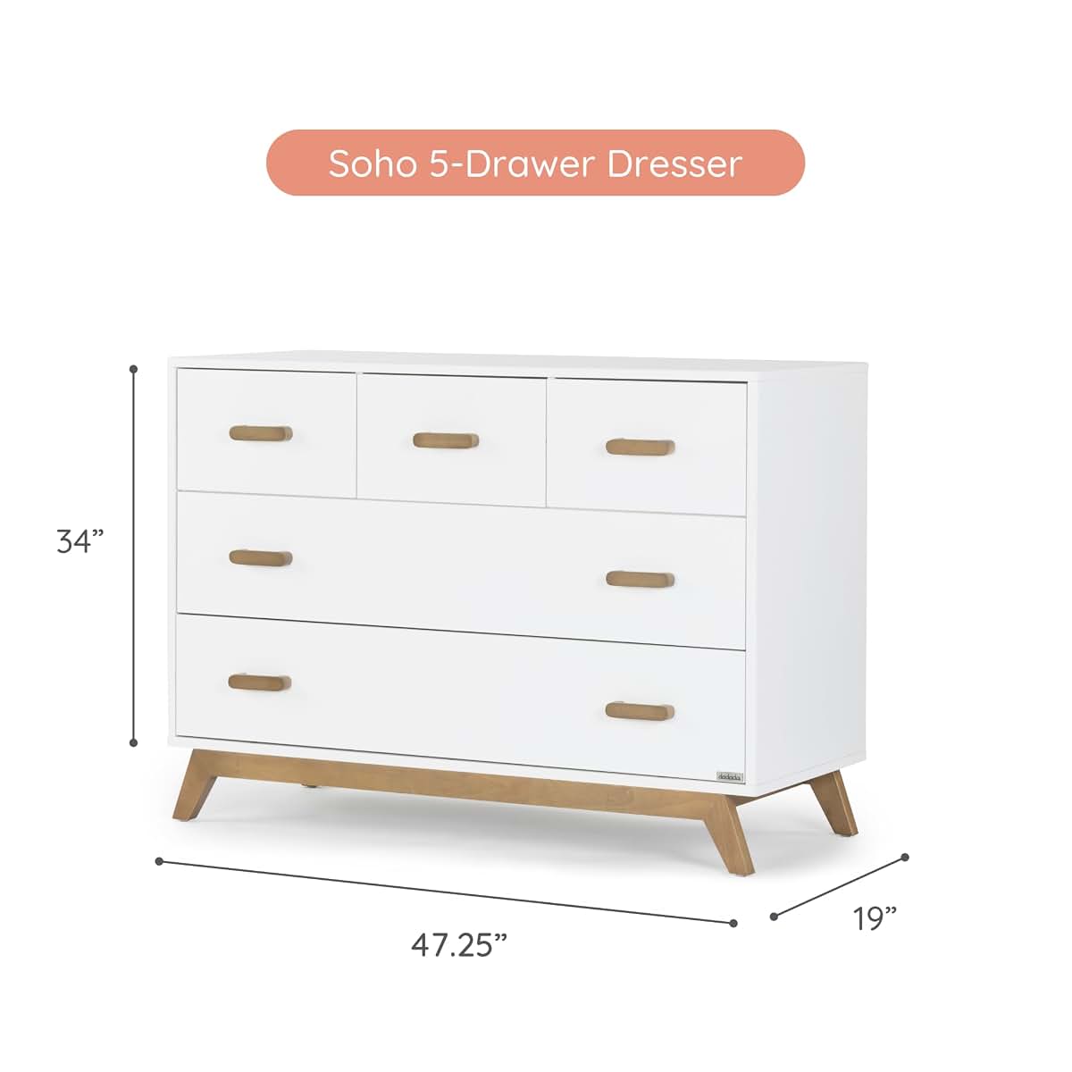 dadada Soho 5-Drawer Dresser for Nursery, Soft Close Drawers, White/Walnut (photo 3)