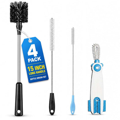 ZAWOW 4-in-1 Bottle Brush Set, 15" Long Handle, Straw & Lid Cleaner