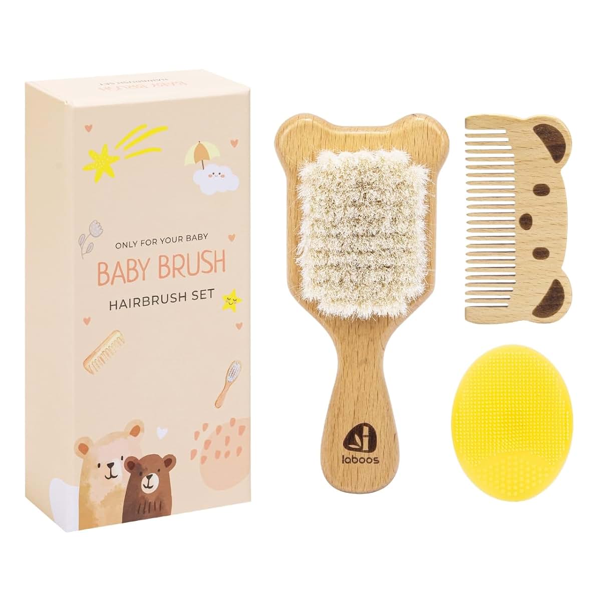 laboos Baby Hair Brush and Comb Set with Wooden Handle and Goat Bristles, Bear