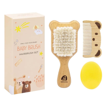 laboos Baby Hair Brush and Comb Set with Wooden Handle and Goat Bristles, Bear