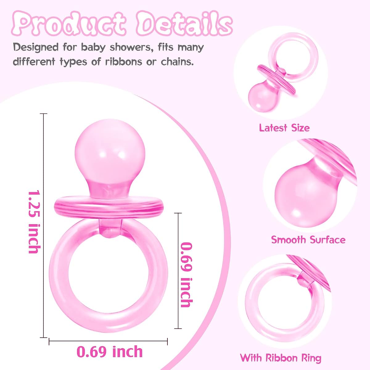 BabyOneStop 50 Pcs Mini Pink Pacifiers for Baby Shower Games and Party Decorations