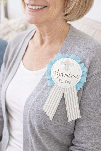 Amy's Bubbling Boutique Elephant Baby Shower Pins – Mommy to Be, Daddy to Be, Grandma, Grandpa – Blue & Gray Cardstock