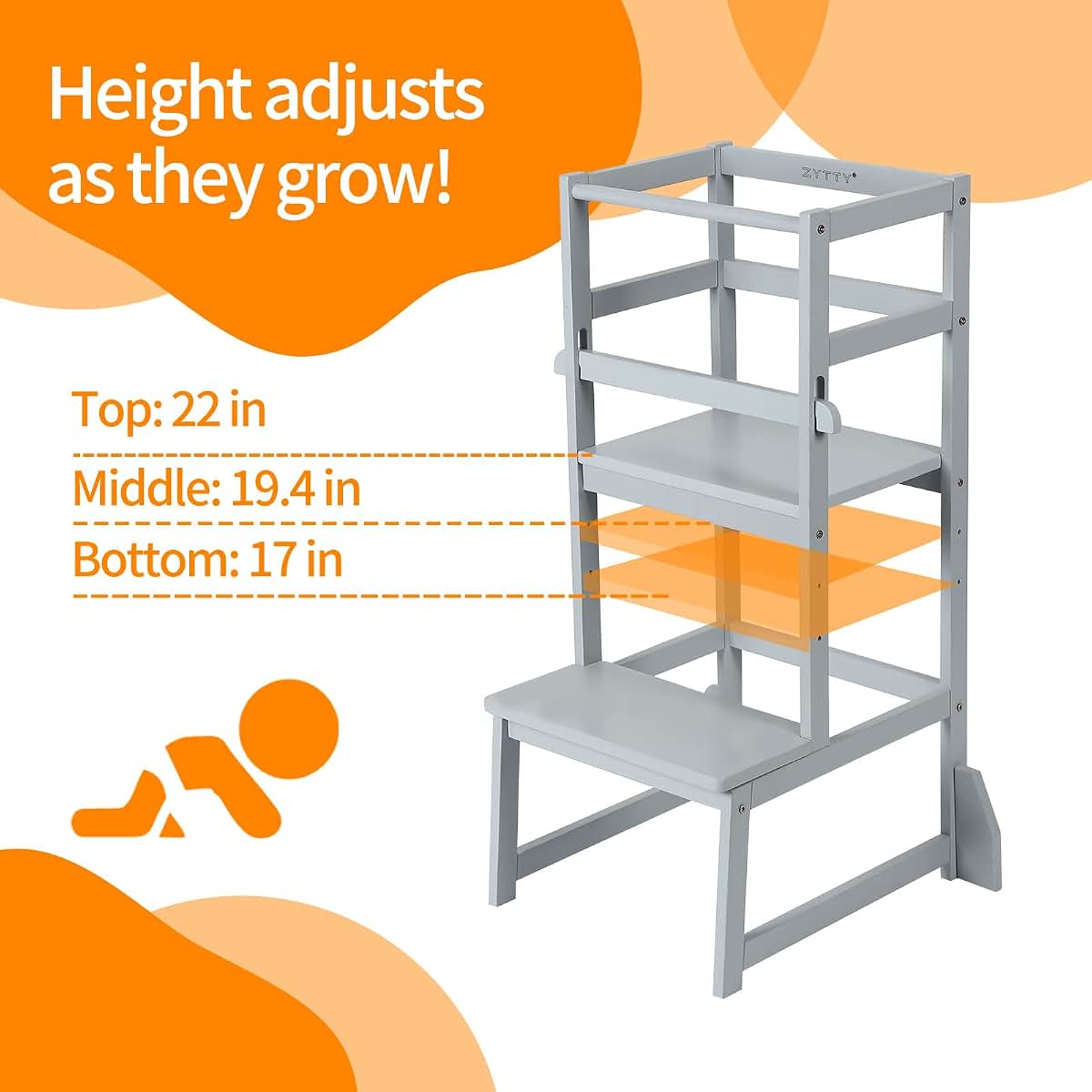 Zytty Toddler Step Stool Adjustable-Height Kitchen Tower - Grey (photo 4)