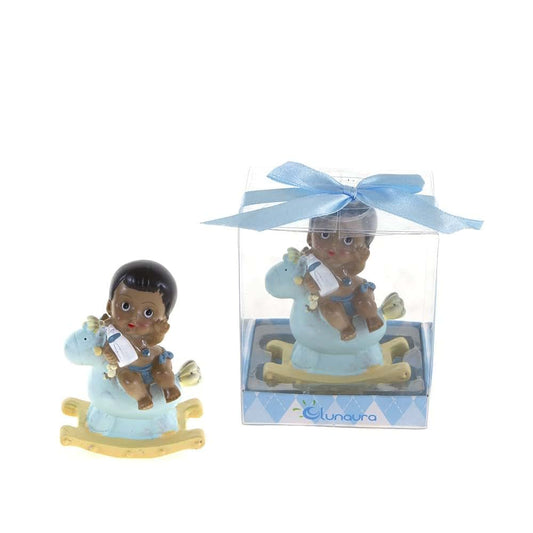 Lunaura Baby Keepsake - Set of 12 "Boy" Black Ethnic Baby Sitting on Rocking Horse Favors - Blue