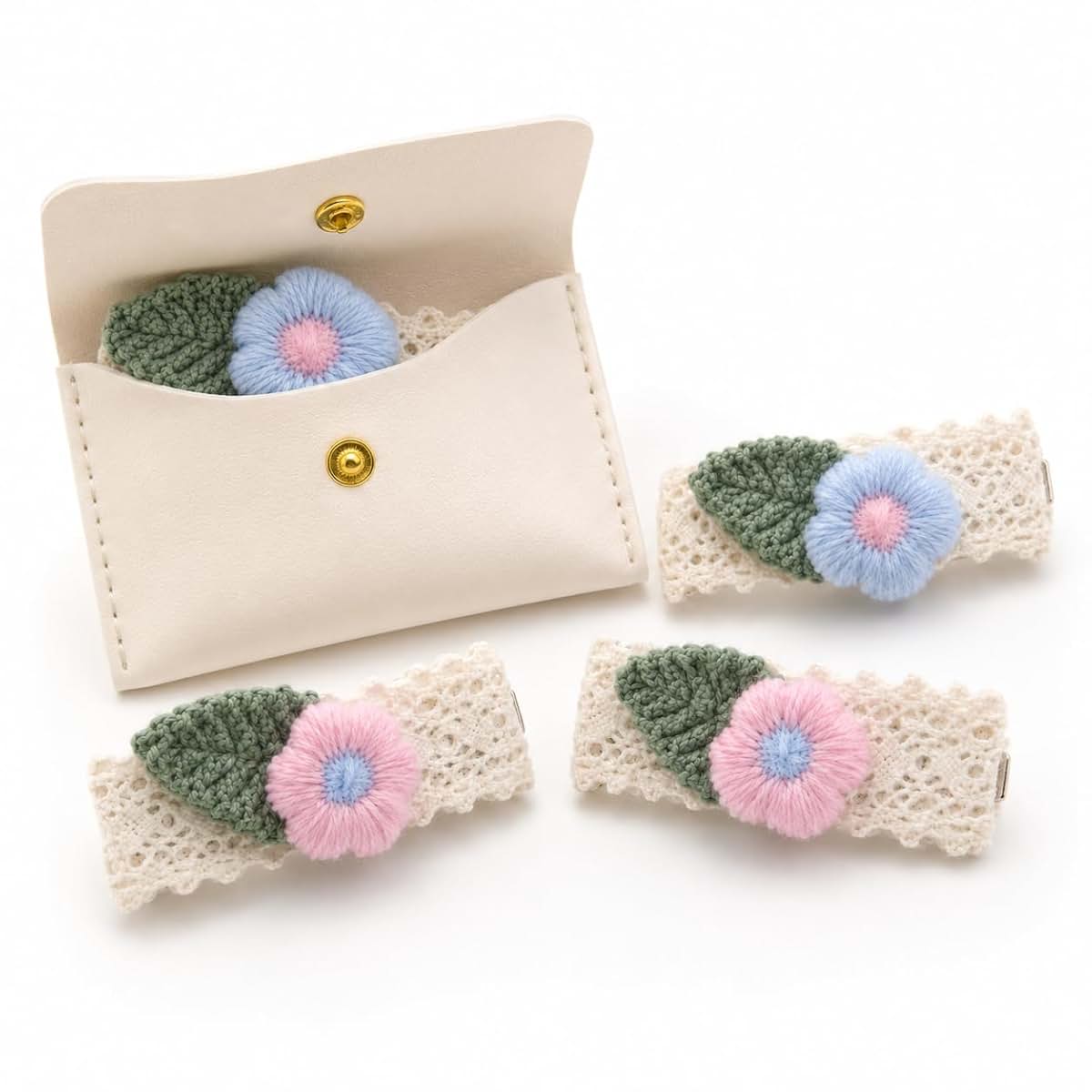 Koa Baby Pastel Floral Lace Hair Clips for Baby Girls, 2 Pairs Handmade Crochet Leaf and Flower Barrettes in Blue and