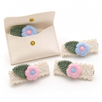 Koa Baby Pastel Floral Lace Hair Clips for Baby Girls, 2 Pairs Handmade Crochet Leaf and Flower Barrettes in Blue and