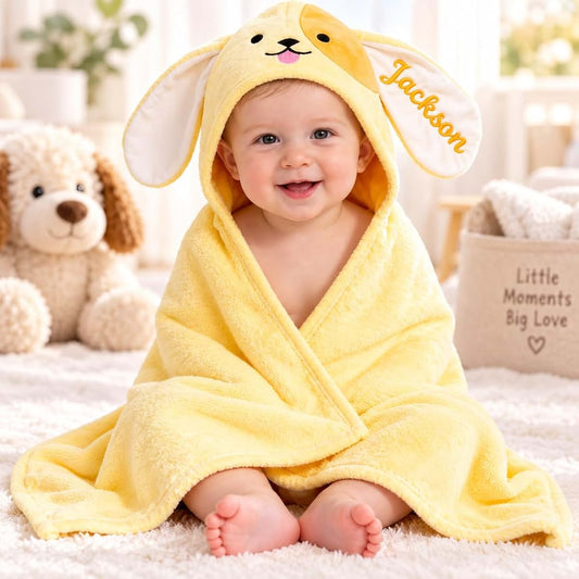 Gowelly Custom Hooded Bath Towel with Name - Yellow-Dog