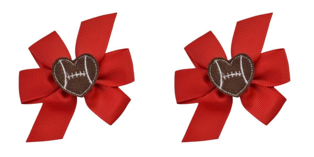 Football Heart Grosgrain Bow No Slip Hair Clip Set By Funny Girl Designs (Baby Snap Clip (For Fine Wispy Hair), Red)
