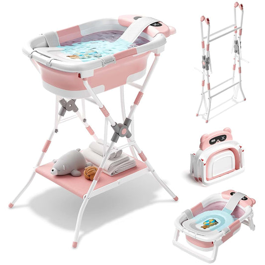 BALLA BALEIN Baby Bathtub with Stand, 3-in-1 Foldable Collapsible Pink Tub