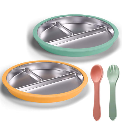 Maccvk Stainless Steel Toddler Plate with Suction, 9 Inch Divided Set of 2, Green and Orange