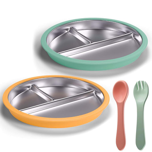 Maccvk Stainless Steel Toddler Plate with Suction, 9 Inch Divided Set of 2, Green and Orange