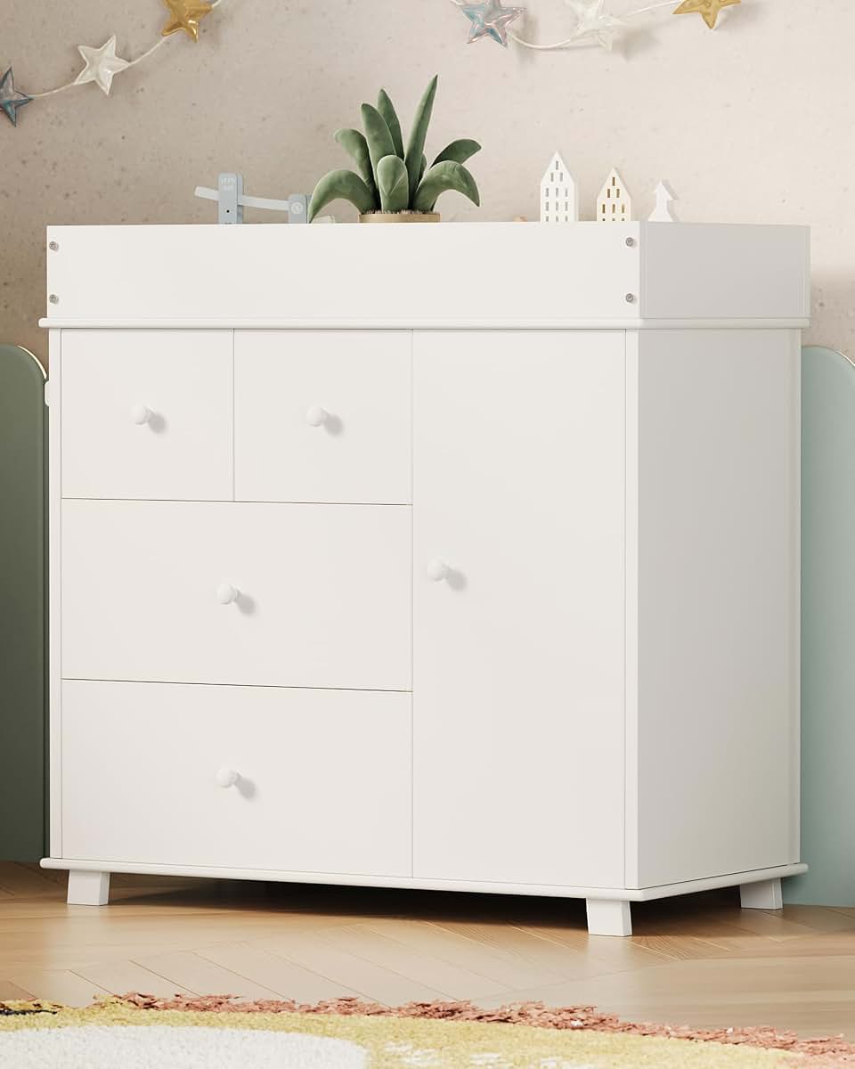 PeacefulHues Baby Changing Table Dresser With 5 Drawers White
