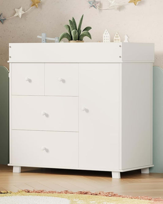 PeacefulHues Baby Changing Table Dresser With 5 Drawers White