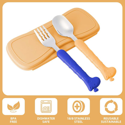 lohodo Toddler Spoon and Fork Set, 18/8 Stainless Steel Silverware with Travel Case, Blue & Yellow Giraffe, Age 3+