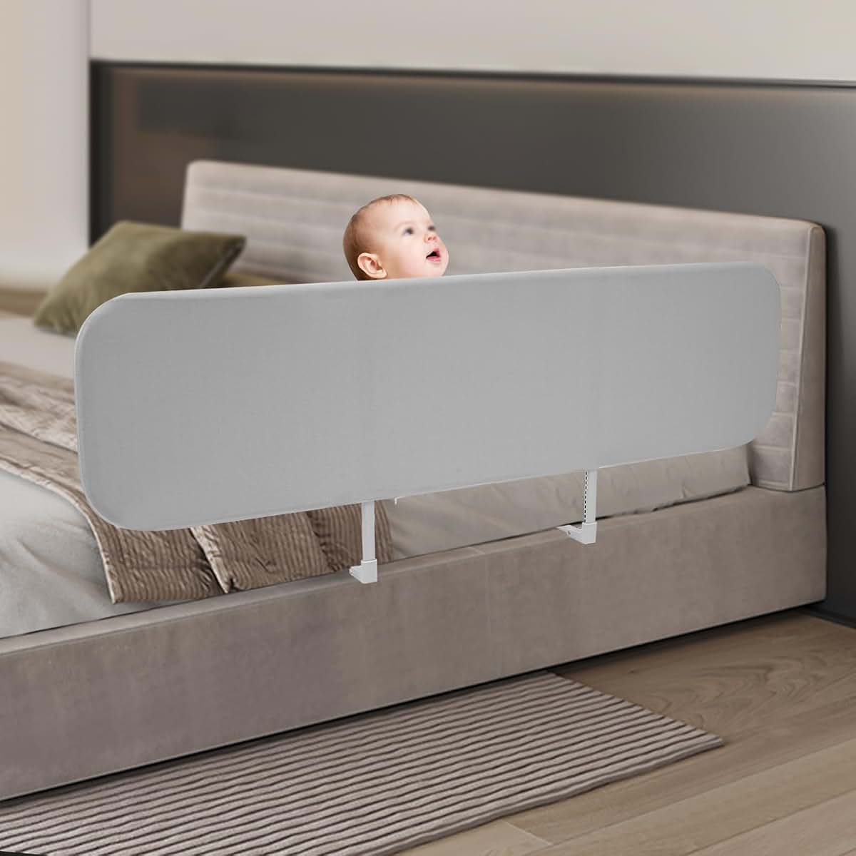 DWDUJJIE Bed Frame, Toddler Bed Gray Soft NBR Foam Rail Guard 59×15.7in Bedside Mount Height Adjustable Barrier for (photo 3)