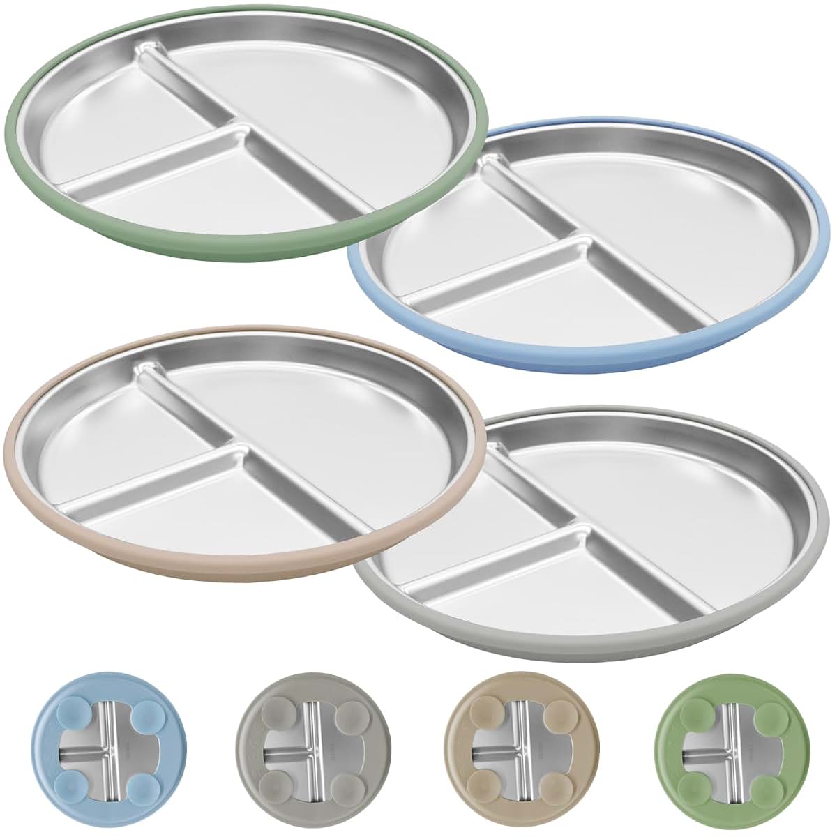 JVEOO 4 Pack Stainless Steel Toddler Plates with Suction Base, 9 Inch, Divided Design