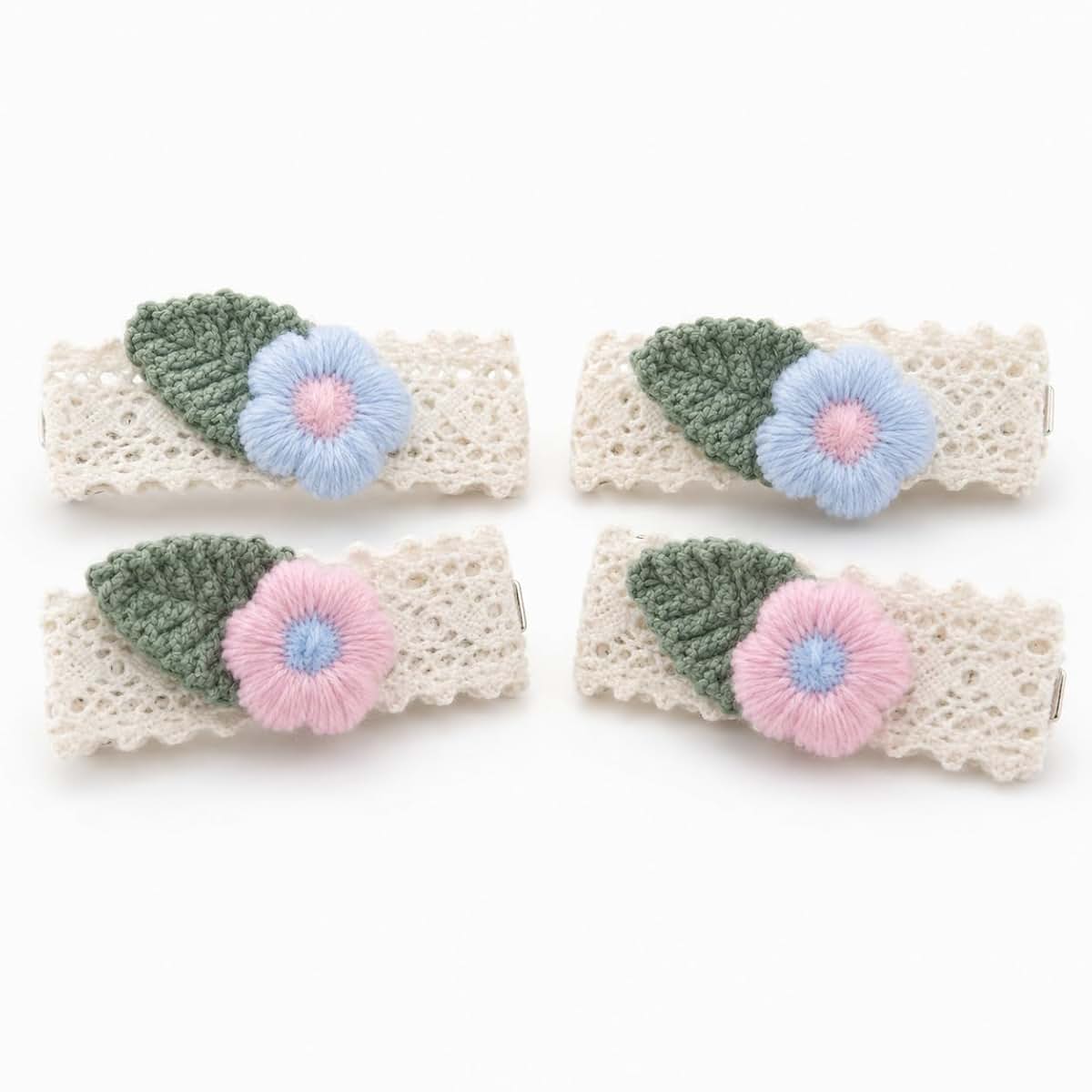 Koa Baby Pastel Floral Lace Hair Clips for Baby Girls, 2 Pairs Handmade Crochet Leaf and Flower Barrettes in Blue and