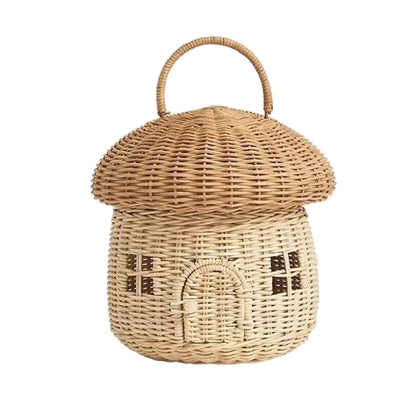 Mushroom Shaped Rattan Storage Basket with Lid for Decorative Home Organizer
