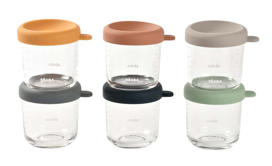 Béaba BEABA 6 Pack Glass Baby Food Jars with Soft Silicone Air Tight Lids, 8 oz Glass Storage Containers with Lids