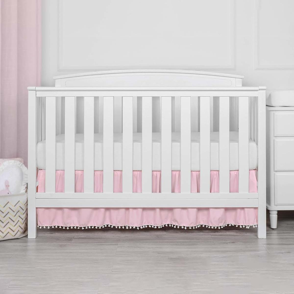 Pleated Microfiber Crib Bed Skirt with Pompoms for Nursery Decor