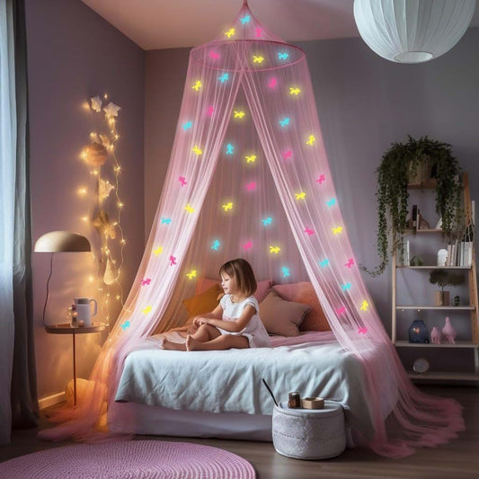 UB-STORE Pink Canopy for Girls Bed with Pre-Glued Glow-in-the-Dark Unicorns | Princess Mosquito Net Room Decor - Kids