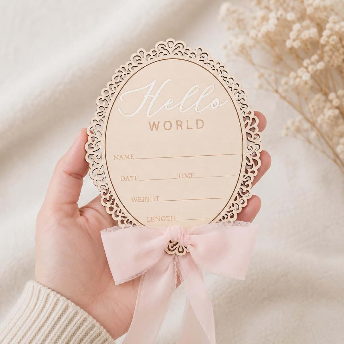 Nishiduong Wooden Hello World Baby Announcement Sign (photo 2)