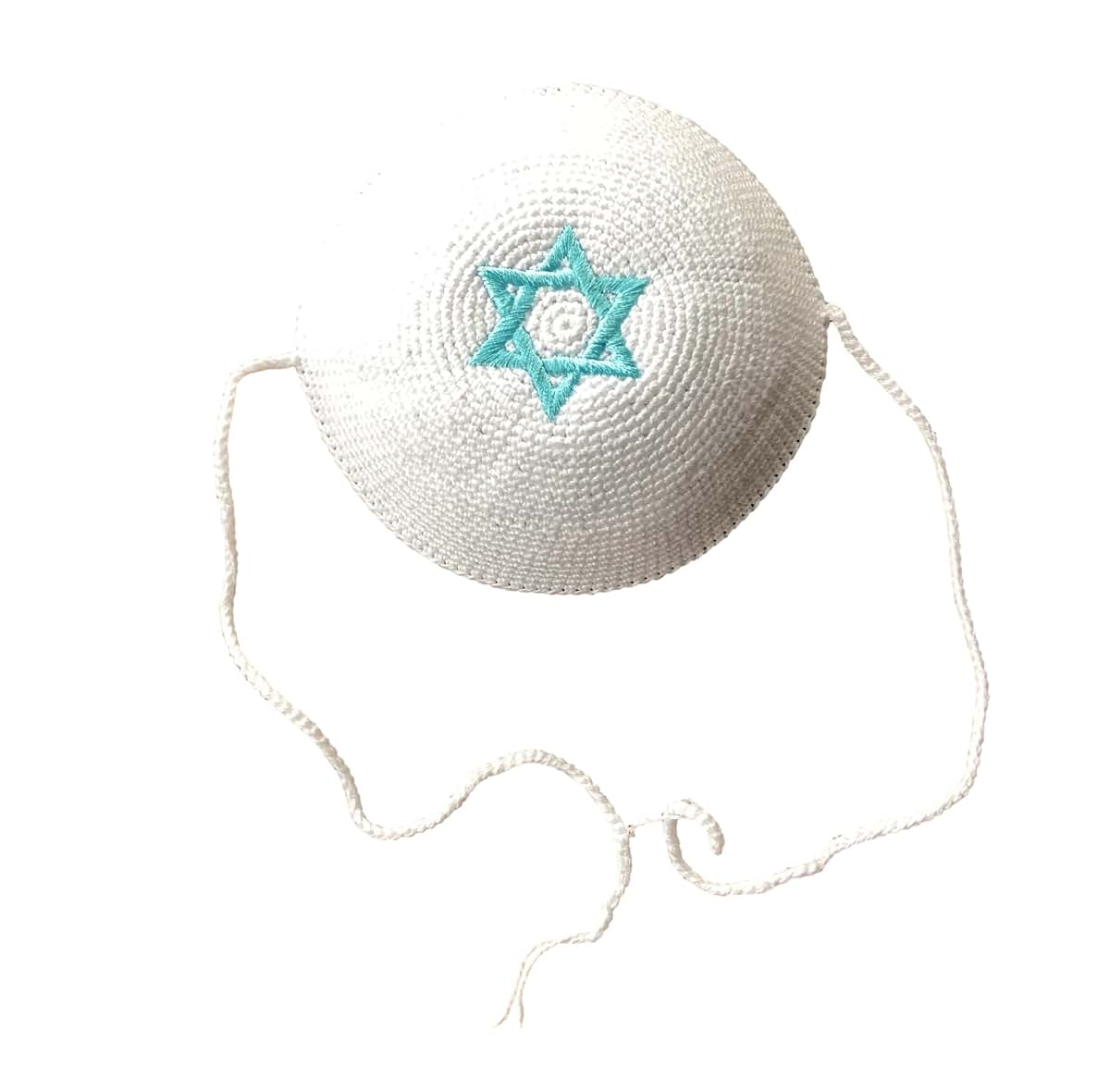 Romy and Rosie Crochet Baby Kippah with Ties in White and Aqua