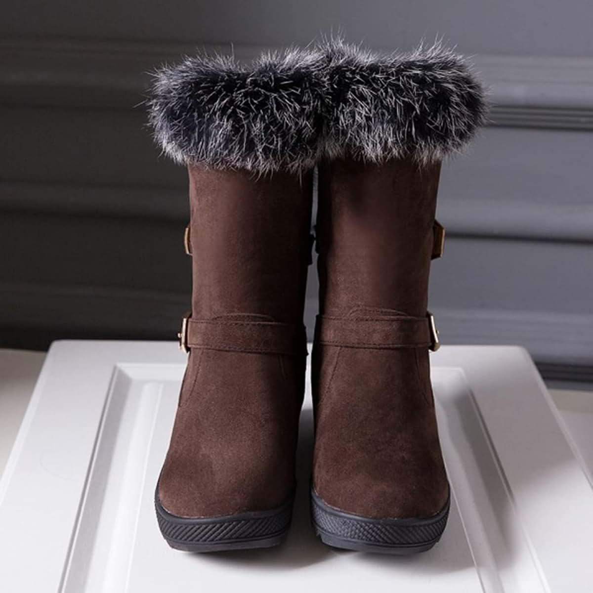 ZBYY Women's Winter Fur Snow Boots Mid Wide Calf Buckle Platform Slip On Warm Snow Boot Mid-Calf Fashion Booties