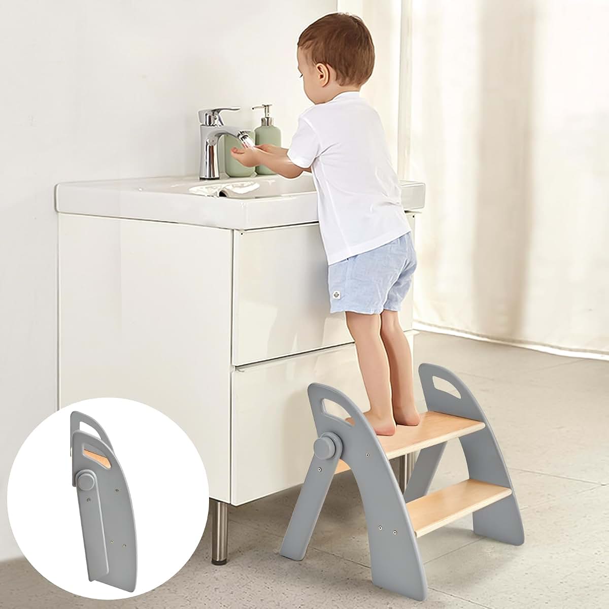 BabyOneStop Wooden 2 Step Stool for Kids Bathroom Sink