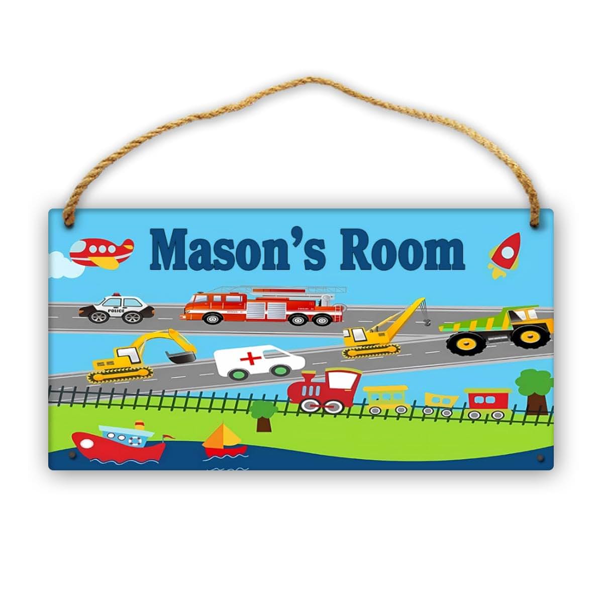 CUSDECOR Personalized Various Transportation Vehicles Kid Room Door Sign Car Boys Bedroom Wall Decor Custom Name