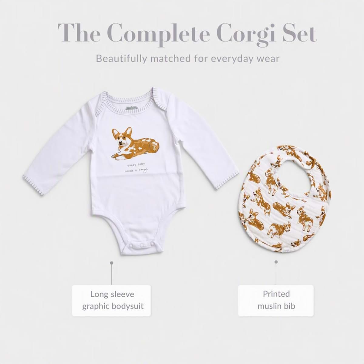 MUD PIE Baby Corgi Bodysuit and Bib Set, Cotton, 0-6 Months