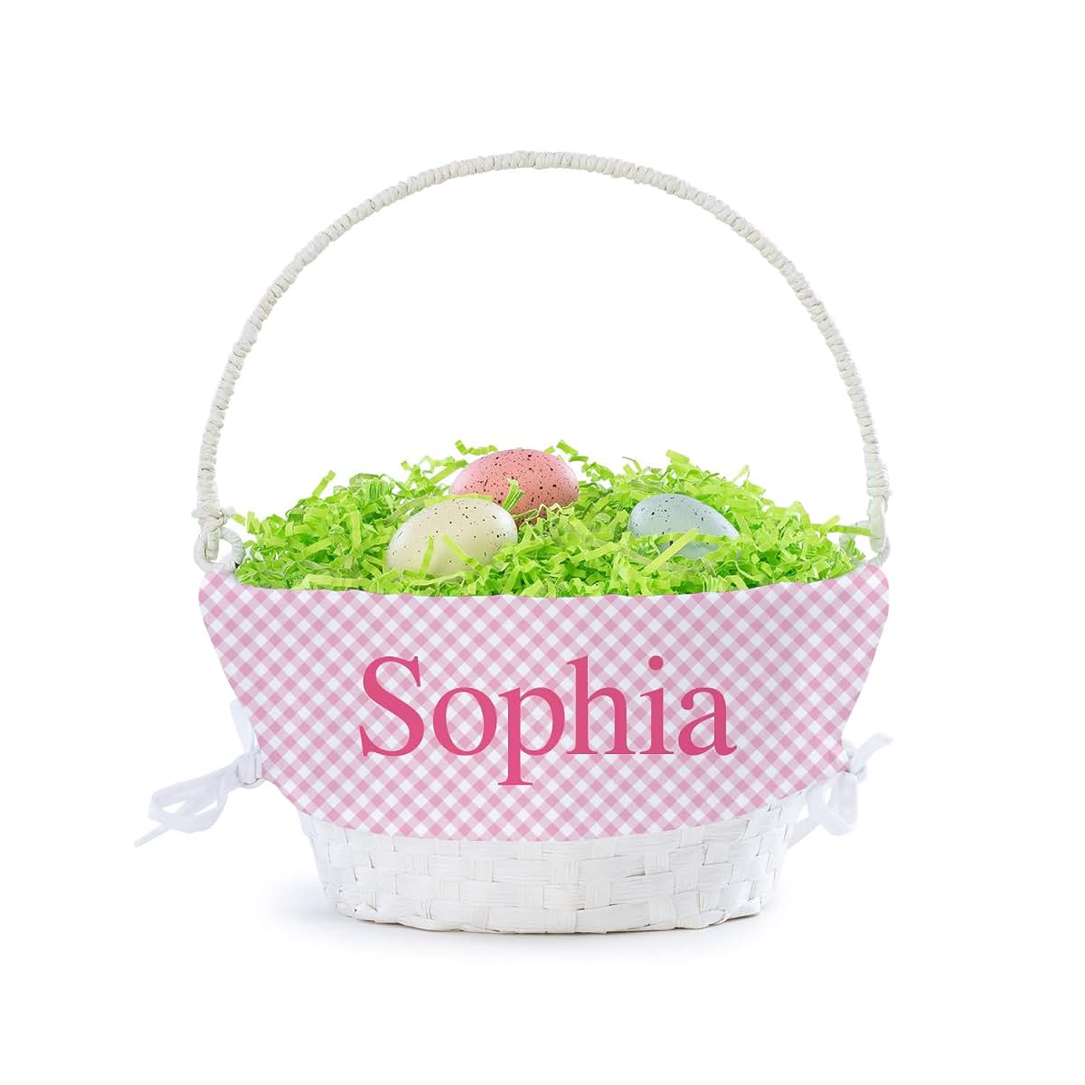 Personalized Planet Personalized Easter Egg Basket with Handle and Custom Name | Pink Gingham Easter Basket Liners
