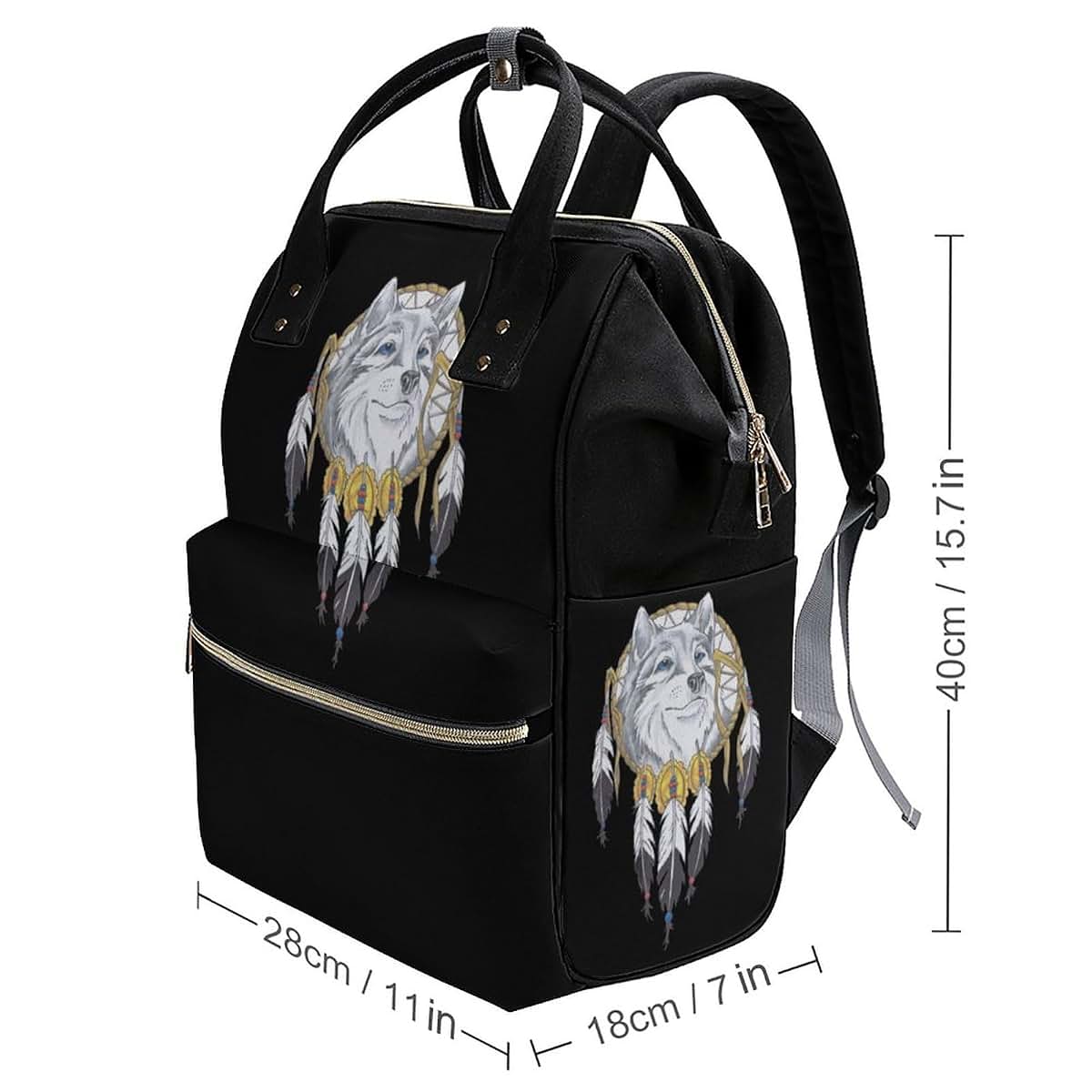 SONGTING Watercolor Wolf and Dreamcatcher Diaper Bag Backpack Travel Waterproof Mommy Bag Nappy Daypack Black-Style (photo 2)
