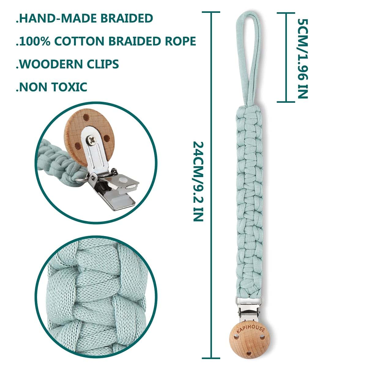 Kapihouse Pacifier Clip for boy 9.2 Inch Pacifier Leashes woodern Clips Teething Toy with Handmade Braided Cotton (photo 2)