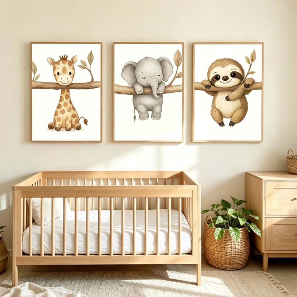 BeiYiHo 3 Beige Baby Room Poster Baby Animals Lazy Elephant Giraffe Poster Child 30 40 Canvas Deco Baby Room Poster