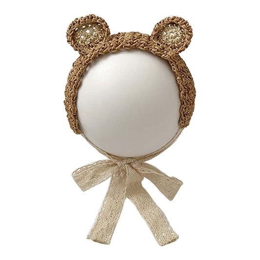 QIIIMSLSS Lovely Bear Ear Baby Headband Sweet Infant Hair Band Straw Weave Hair Accessories for Newborn Girls with Lace