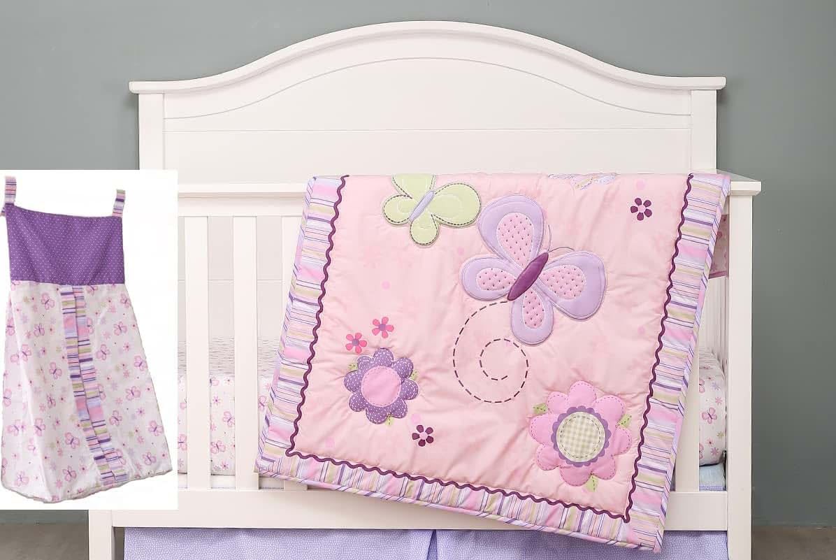 CribMATE 3 PCs Pink Embroidery Butterfly Nursery Crib Bedding Set 1 Quilt +1 Fitted Sheet + 1 Diaper Storage Bag Baby
