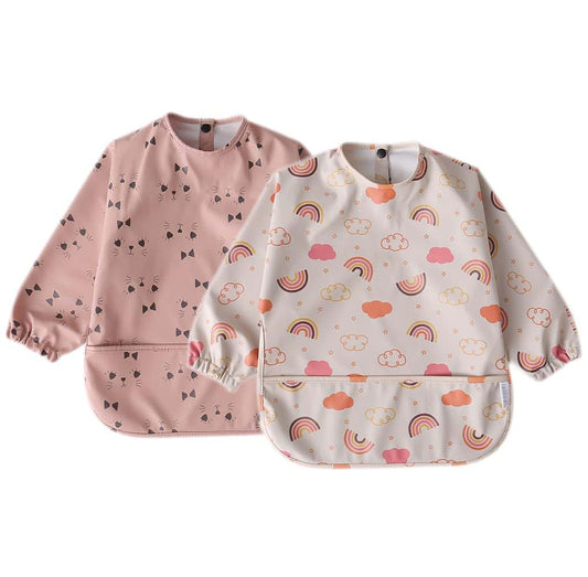 GZMM Waterproof Baby Bibs,Infant Toddler Long Sleeve Feeding Bib With Food Catcher,Easy Clean & Washable 2 Pack