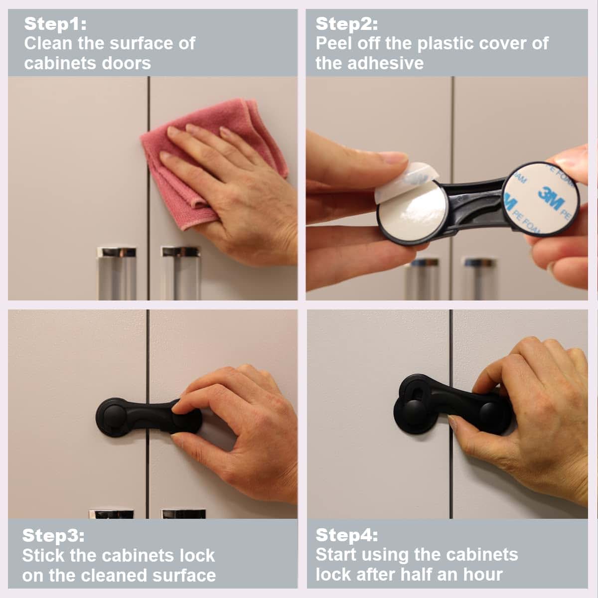 KongNai Cabinet Locks for Babies, 4 Pack Childproof Latches with Adhesive for Drawers and Cupboards