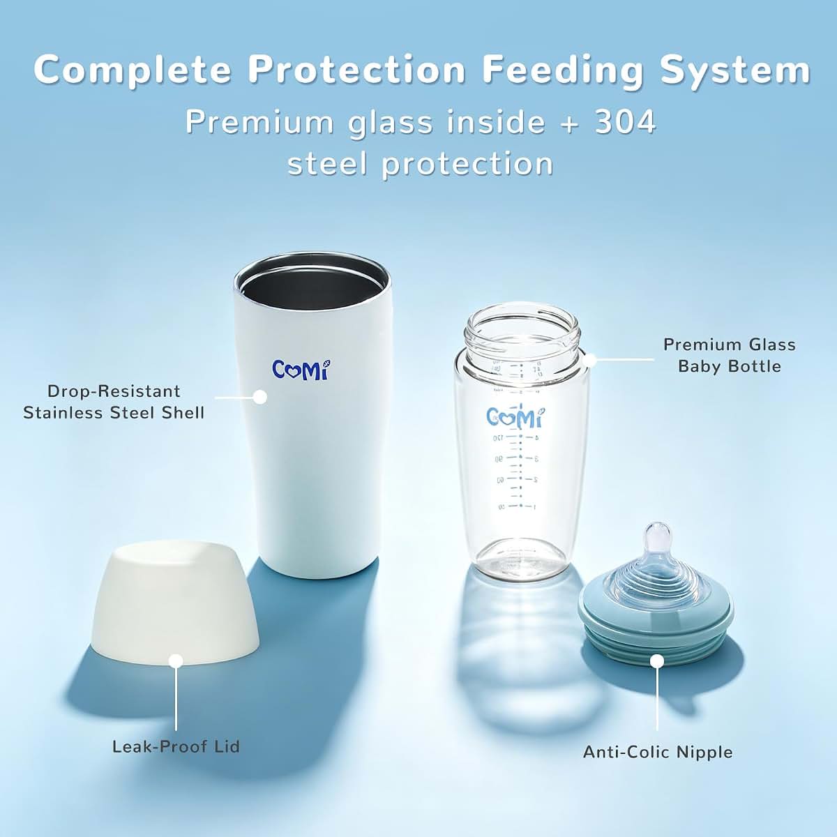 COMI Glass Baby Bottle, Includes Insulated Stainless Steel Sleeve, Newborn Anti-Colic Baby Bottle with Slow Flow (photo 4)