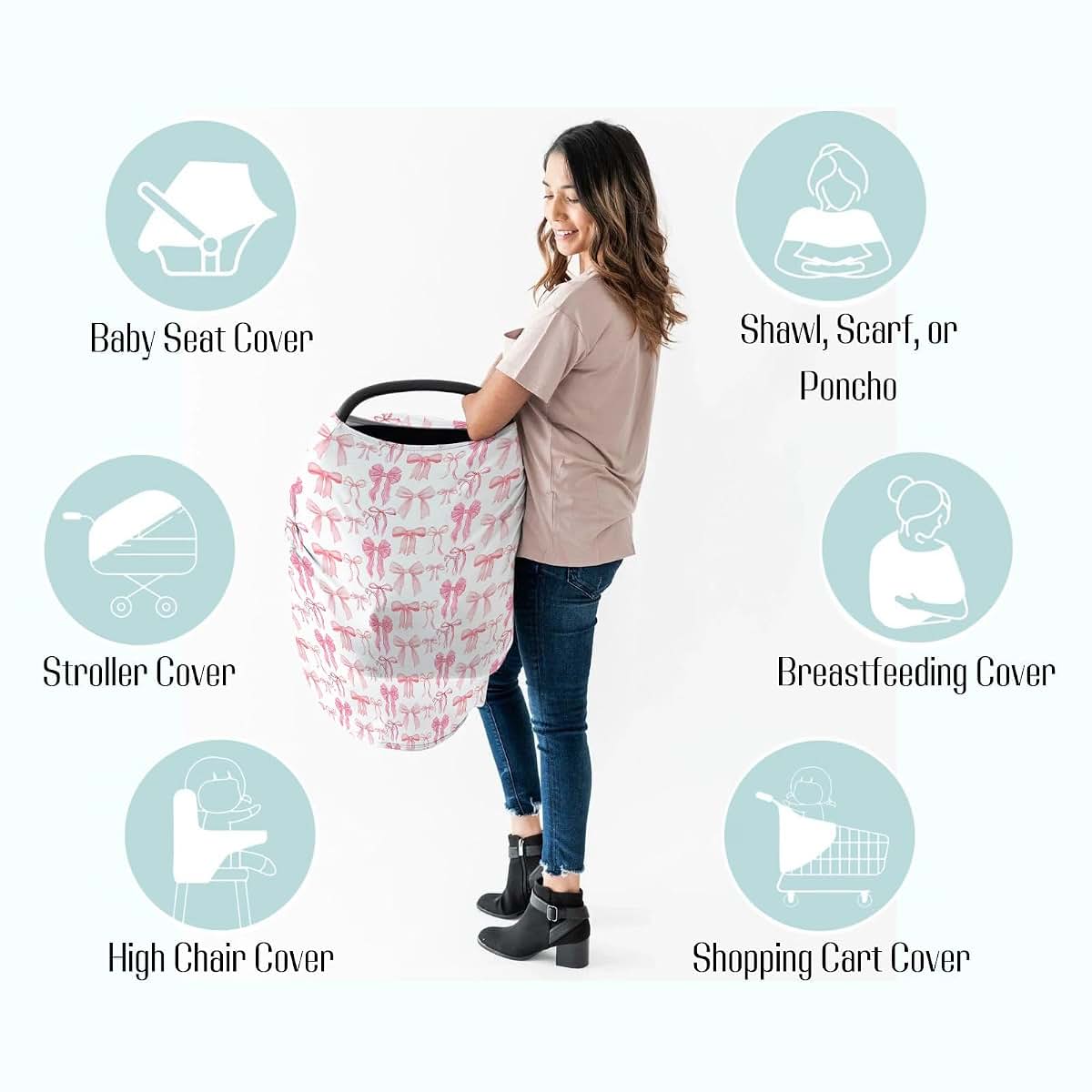 EyMzcod Baby 5-in-1 Car Seat Cover, Watercolor Pink Bows, Multi-Use Nursing & Stroller Canopy