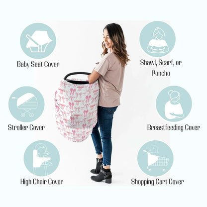 EyMzcod Baby 5-in-1 Car Seat Cover, Watercolor Pink Bows, Multi-Use Nursing & Stroller Canopy