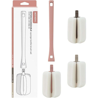 MOTHER-K Sponge Bottle Brush with 2 Replacement Heads, Indie Pink