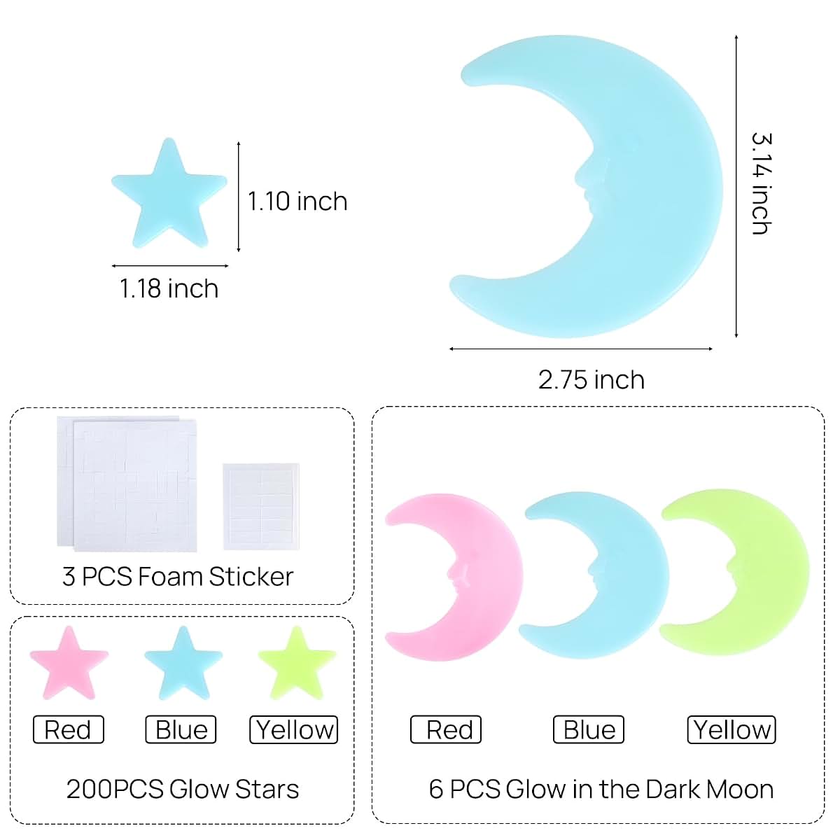 iFunLong Glow in The Dark Stars for Ceiling - 200pcs 3D Star Stickers & 6 Glowing Moons with Adhesive Pads, Ceiling (photo 2)