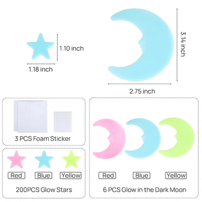 iFunLong Glow in The Dark Stars for Ceiling - 200pcs 3D Star Stickers & 6 Glowing Moons with Adhesive Pads, Ceiling (photo 2)