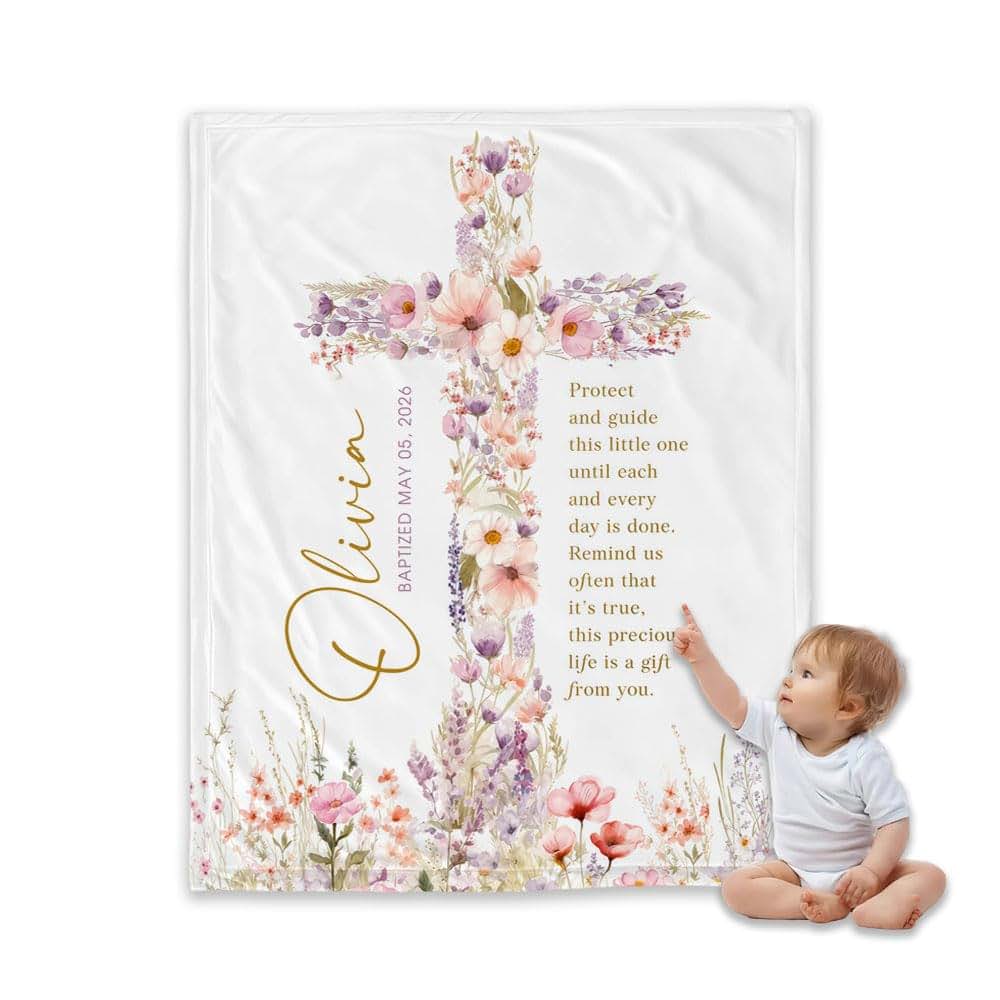 ZEBRA88 Personalized Baptism Blanket for Girl, Custom Floral Cross Christian Blanket, Catholic Christening Throw